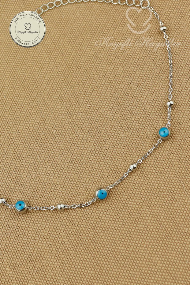 316L Steel Anklet - Blue Evil Eye Beaded Dorica Chain 316L Steel Anklet 20+5cm