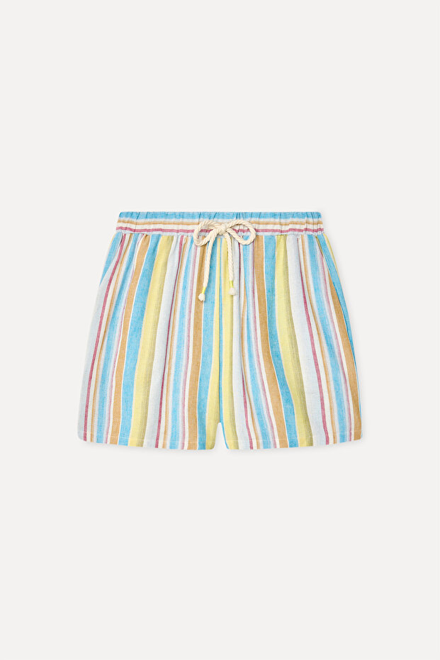Women's Blue Striped Regular Fit Tie-Waist Shorts