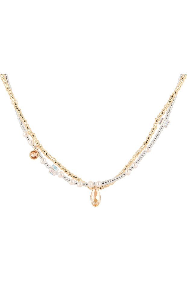 Sun Shine Women's Necklace, 18K Gold, Beaded Pendant Necklace, with Crystal & Pearl, Handmade Adjustable Jewelry