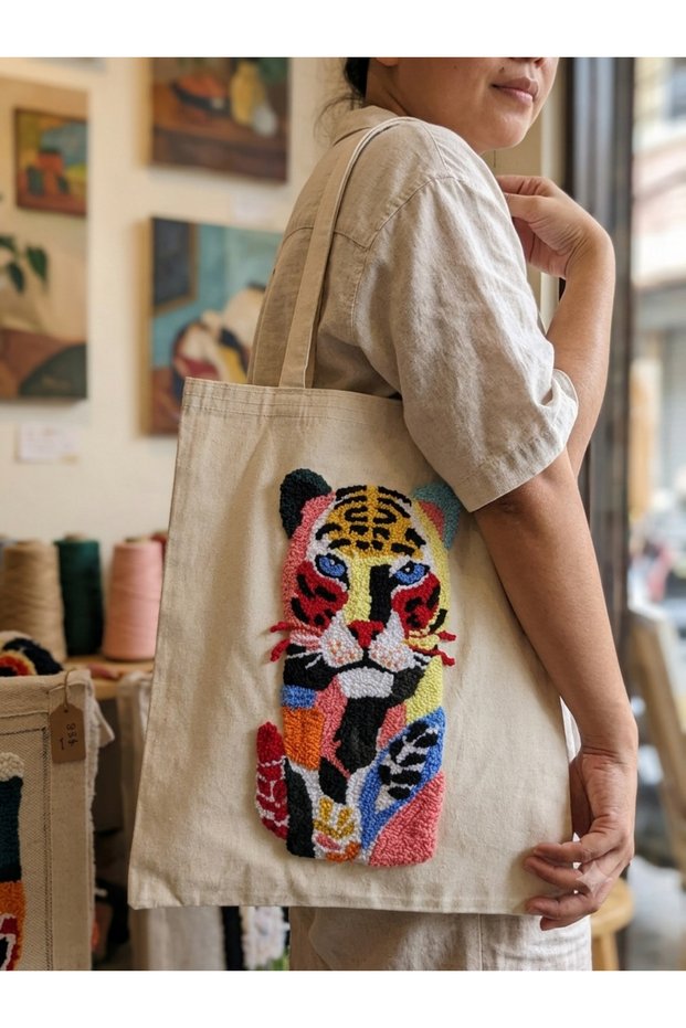 Punch Embroidered Lion Model Linen Bag Cloth Bag Daily Bag