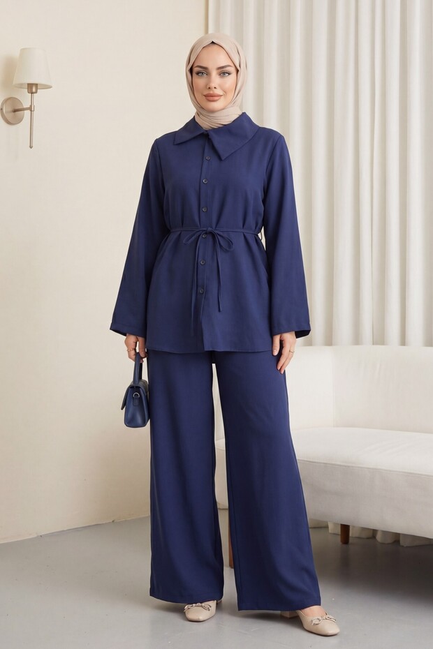 Modal Suit with Side Collar and Buttoned Belt - Dark Blue