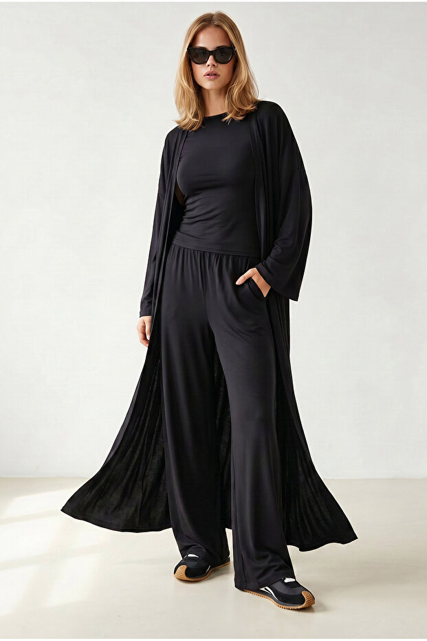 Women's Black Blouse Pants Cardigan 3-Piece Knitted Set Tkm-19000501