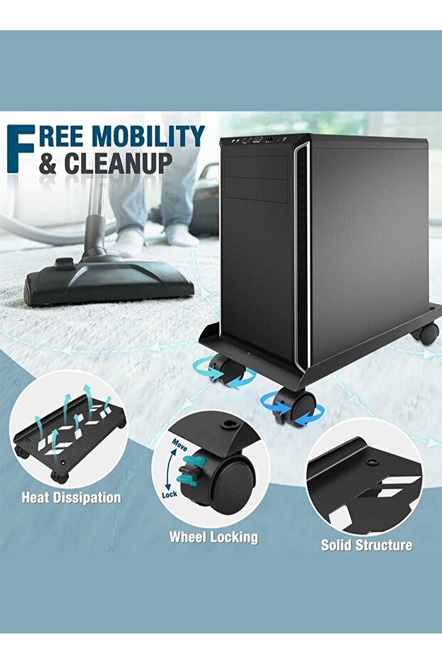 Computer Tower Stand, Movable Under Desk Computer Tower , Locking Caster Wheels, for Office, Black - 2