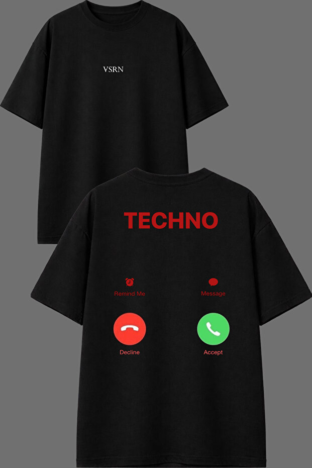 تي شيرت أسود كبير الحجم مطبوع من الأمام والخلف بتصميم Techno Is Callingg