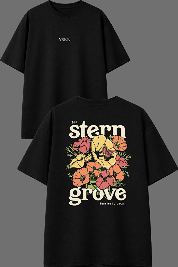 تي شيرت أسود كبير الحجم مطبوع من الأمام والخلف من Grove Design