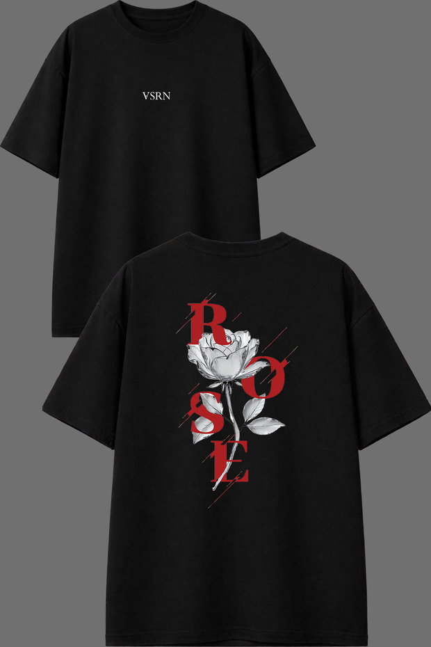 Rose Cam Tasarım Front and Back Printed Black Oversize T-Shirt