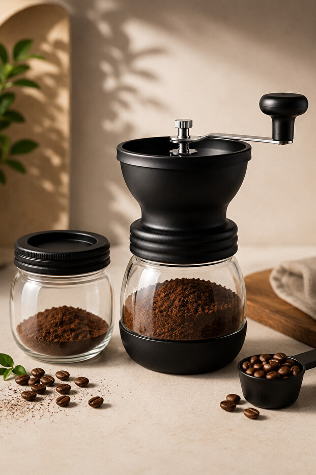 مطحنة قهوة يدوية مع مطحنة سيراميك ووعاء زجاجي قابل للتعديل