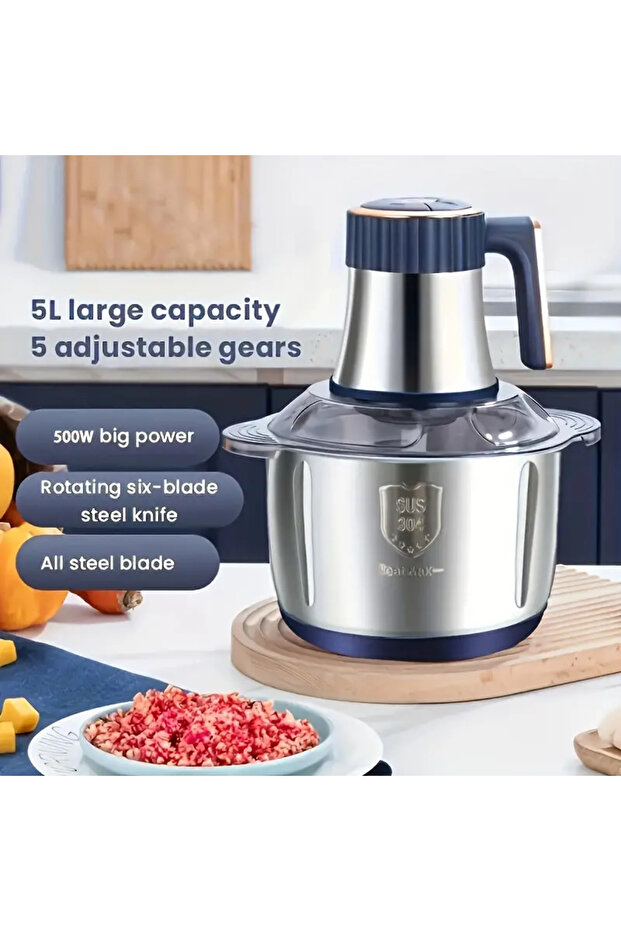 220 V Blue 5L Stainless Steel Food Processor with 6-Blade System - Fast Meat Mincer & Vegetable Chop