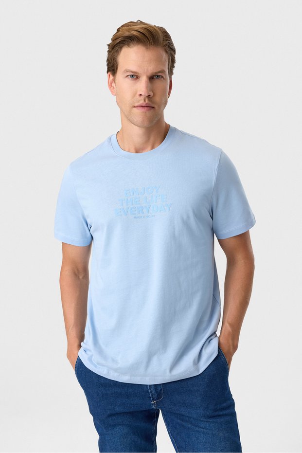 Relaxed fit printed blue crew neck t-shirt