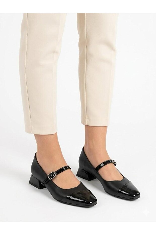 Women's Black Thick Heel Comfortable Fit Heeled Ballerina Shoes