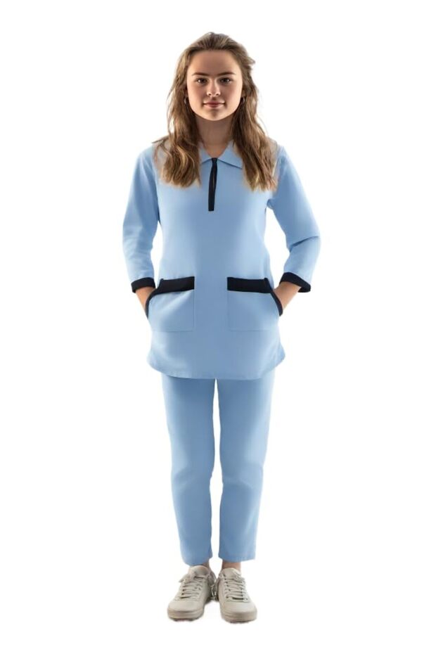 ,Professional Nurse WearWomen's Two-Piece housemaid/nanny Uniform Set, top with black Trim and 2 patch pockets, 3/4 Sleeve Tunic Top and Pants