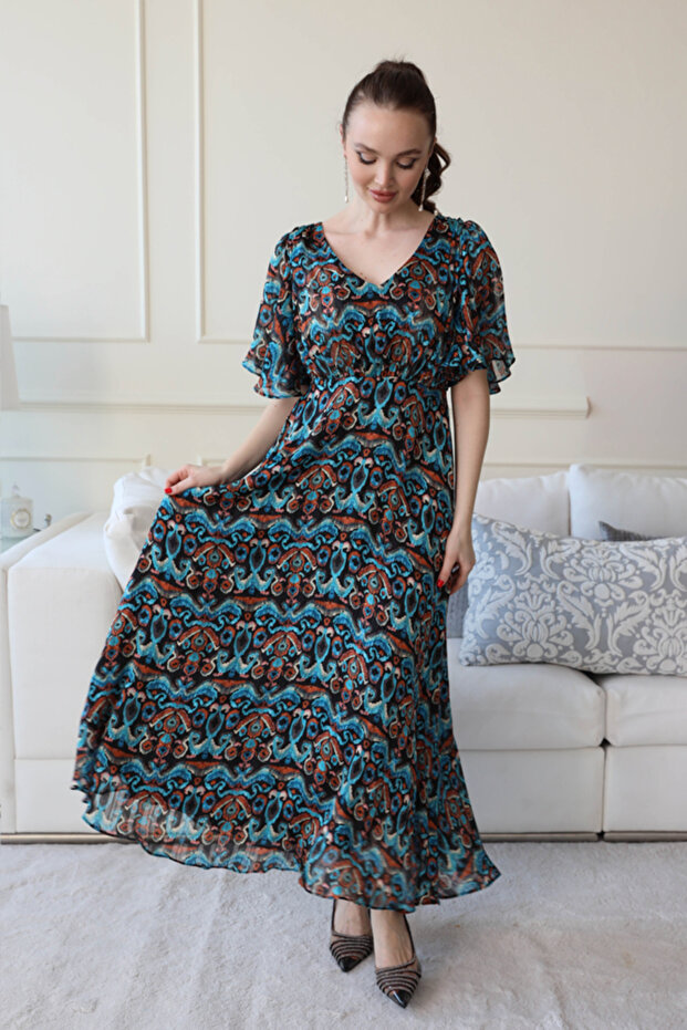 Chiffon Dress with Patterned Pattern- - 2