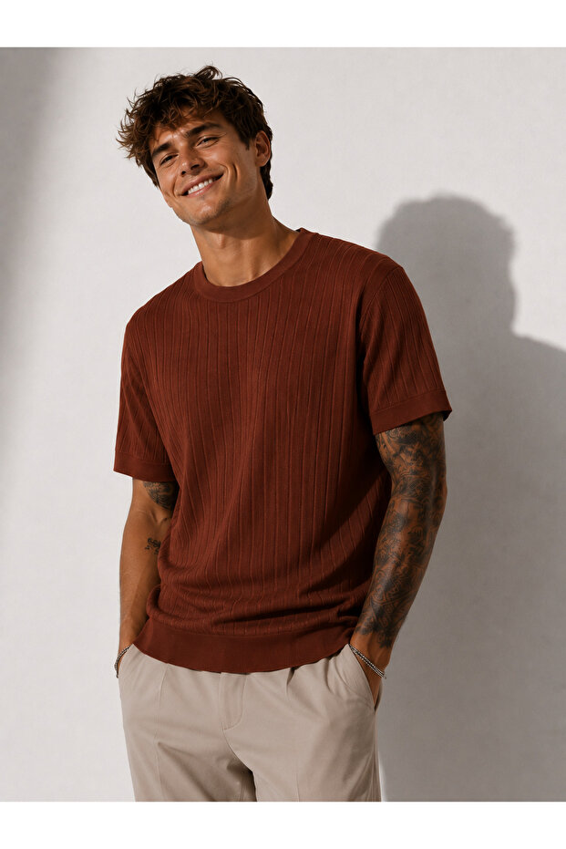 Men's Short Sleeve Ribbed Crew Neck Stretchy T-Shirt 26113