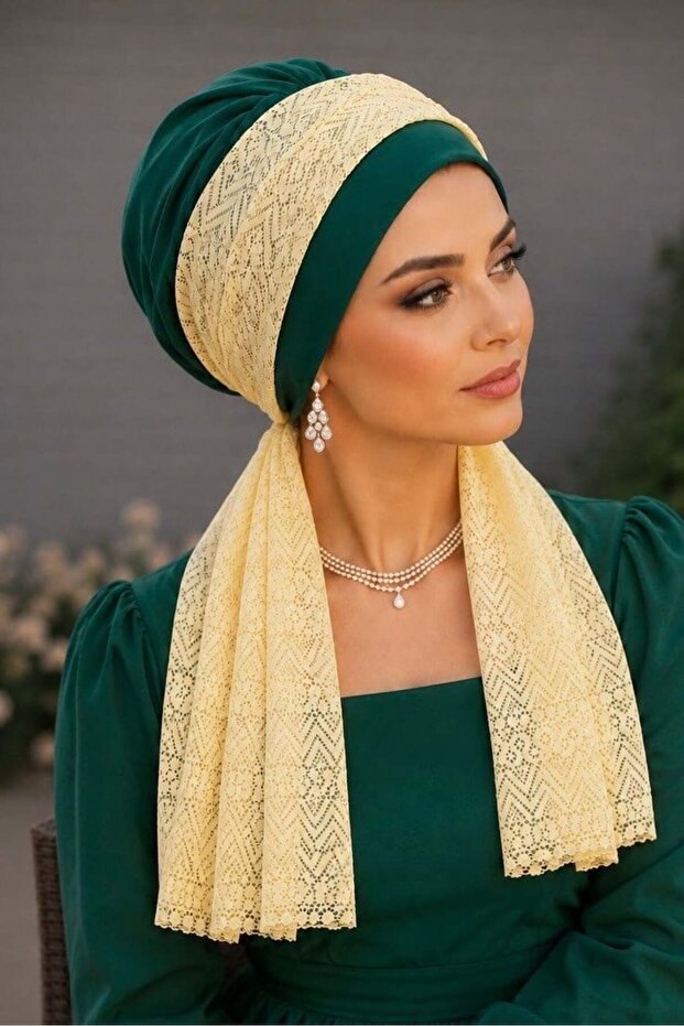 بونيه دانتيل أصفر زمردي مع وشاح