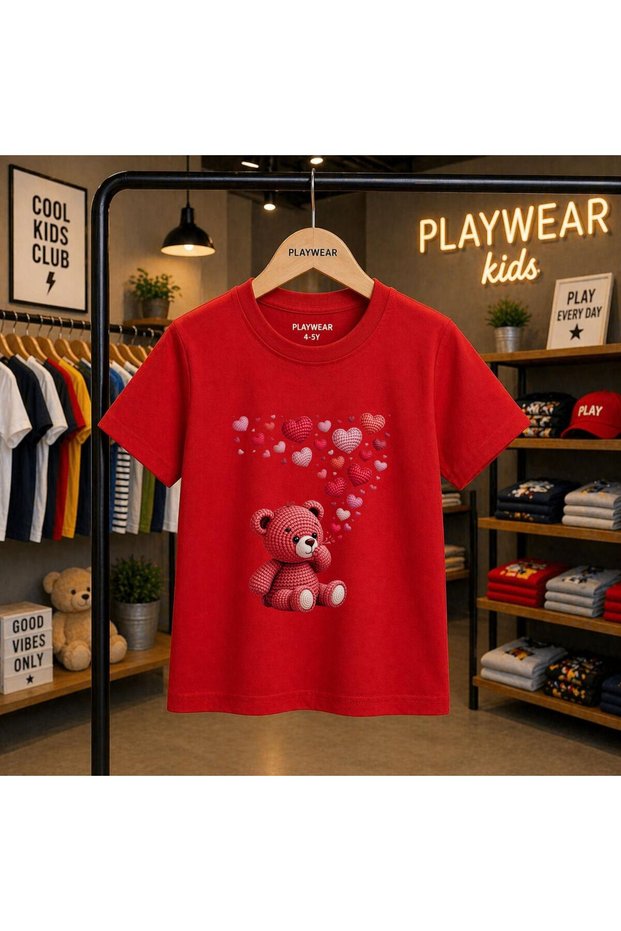 Little Hearts Bear Printed 100% Children's Unisex T-Shirt 5 6 -7 8-9 10 -11 12 Years Old