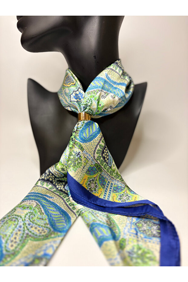 Ethnic Patterned Double-Sided Scarf with Gold Ring Detail (70X70 cm)