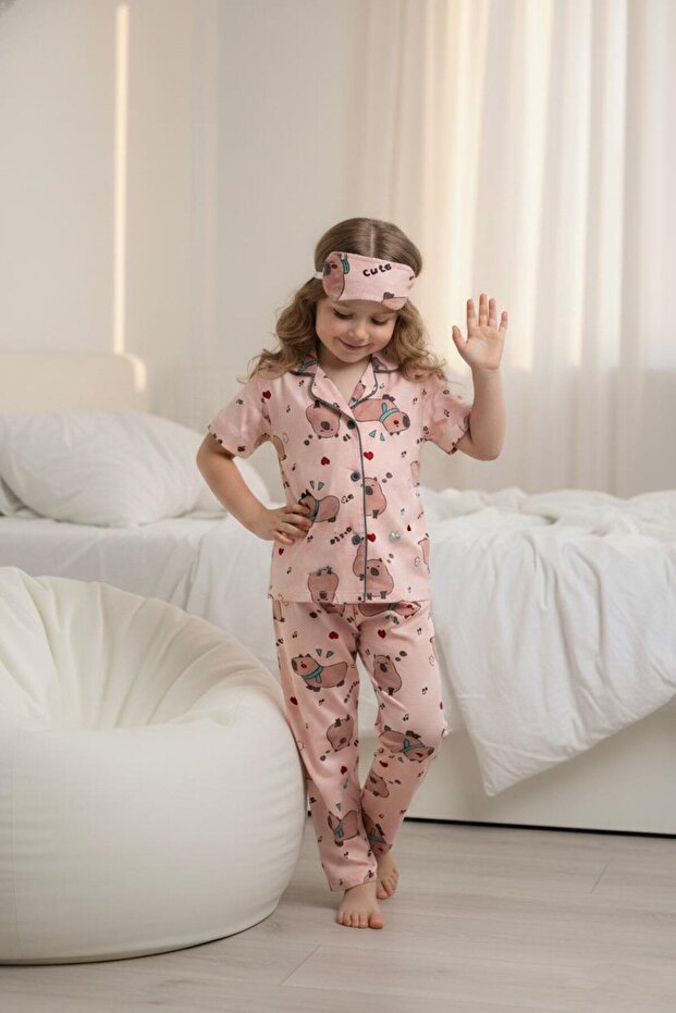 Somon Soft Cute Patterned Bamboo Front Buttoned Eye Patched Short Sleeve Pajama Set 2007