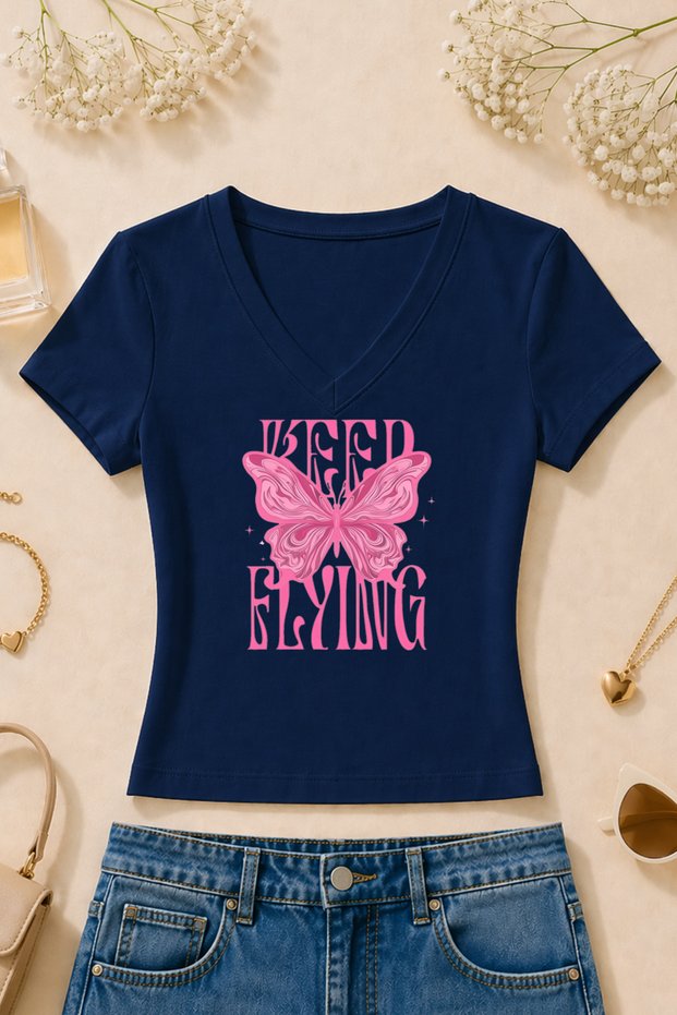 Women's Butterfly Printed Basic Daily Use V-Neck Slim Fit Lycra T-Shirt