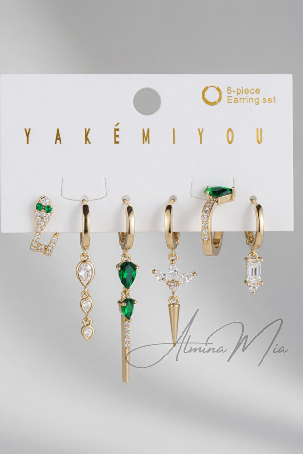 Green Stone Snake Figured Earring Set of 6 Interlocking Cartilage Luxury