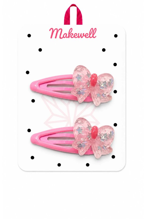 Pink Bow Detailed Snap Clip Set – Glittery Star Patterned Girls' Hair Clips, Set of 2