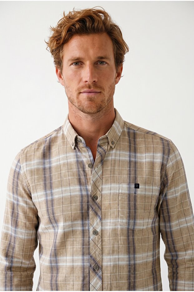Men's Long Sleeve Plaid Linen Shirt 2449