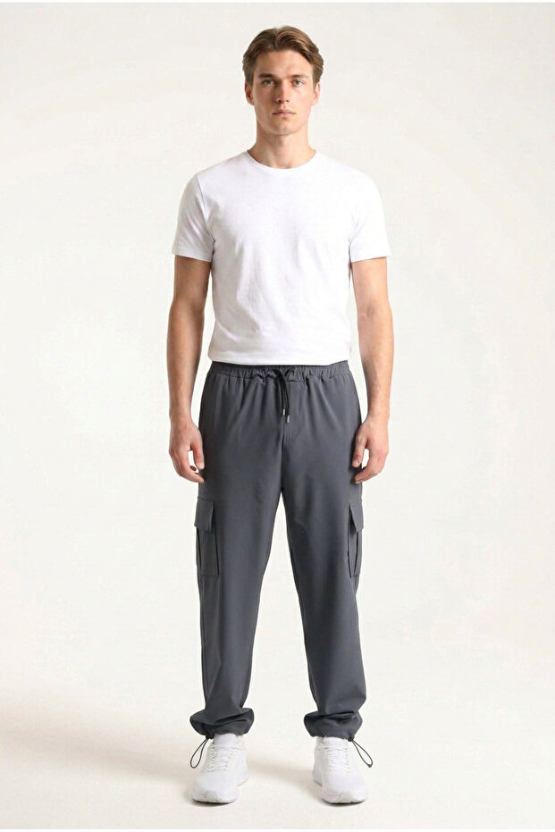 Men's Smoked Cargo Pocket Parachute Fabric Elastic Waist Loose Fit Jogger Pants