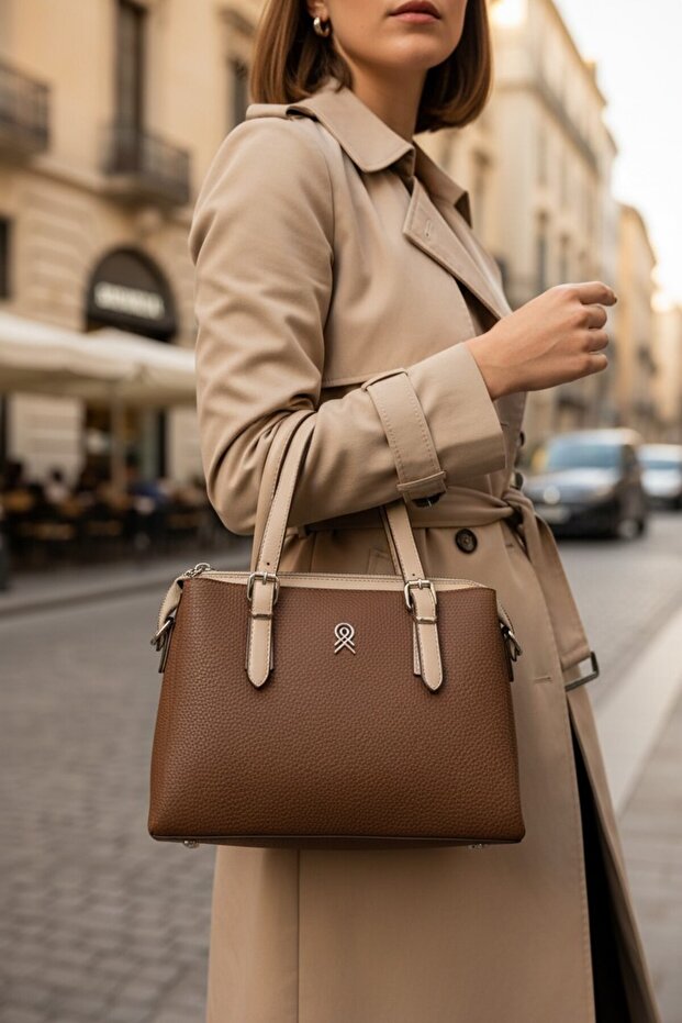Women's Monogram Patterned Classic Handbag with Double Handles and Shoulder Strap