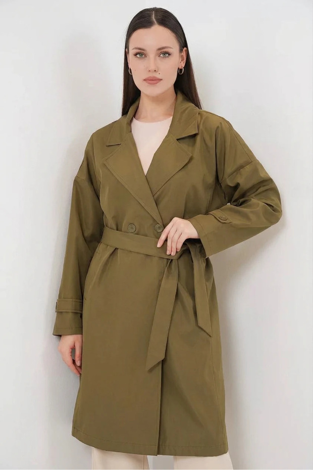 Women's Double Breasted Collar Belted Khaki Trench Coat