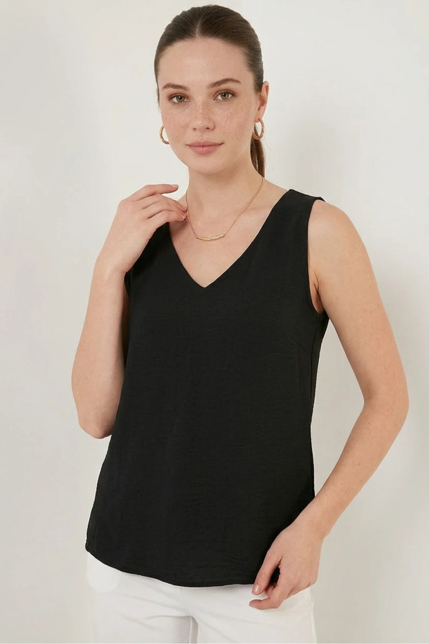 Women's V-Neck Zero Sleeve Black Blouse