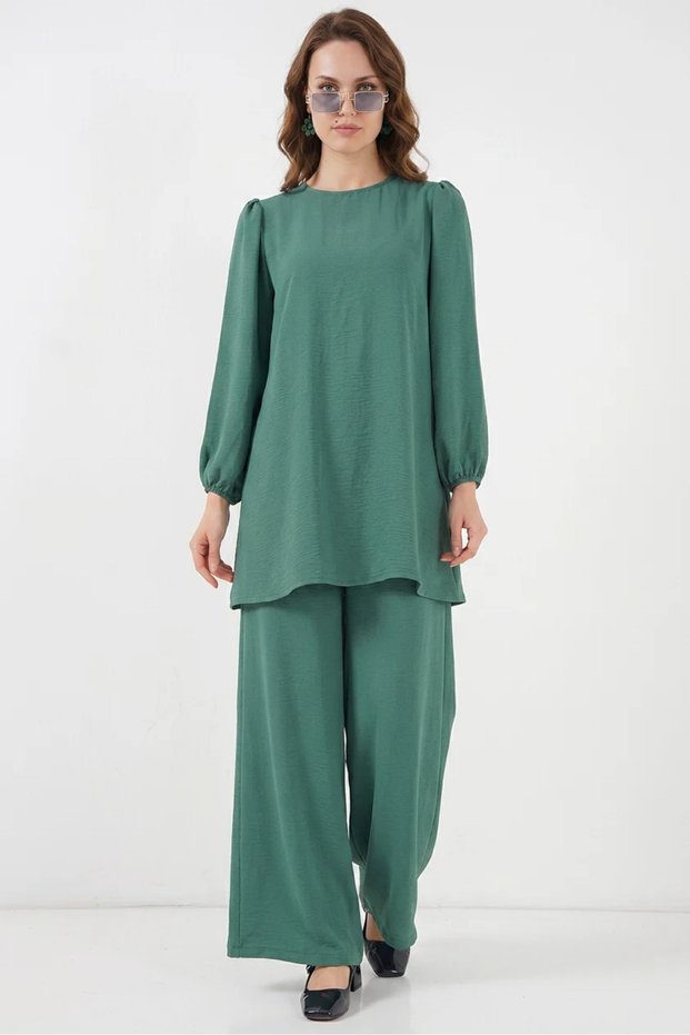 Women's Round Neck Long Sleeve Mint Tunic Pants Bottom Top Set