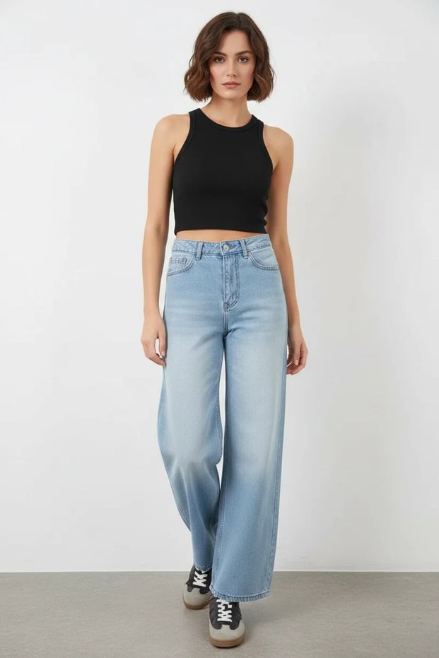 Women's High Waist Denim Wide Leg Light Blue Palazzo Trousers