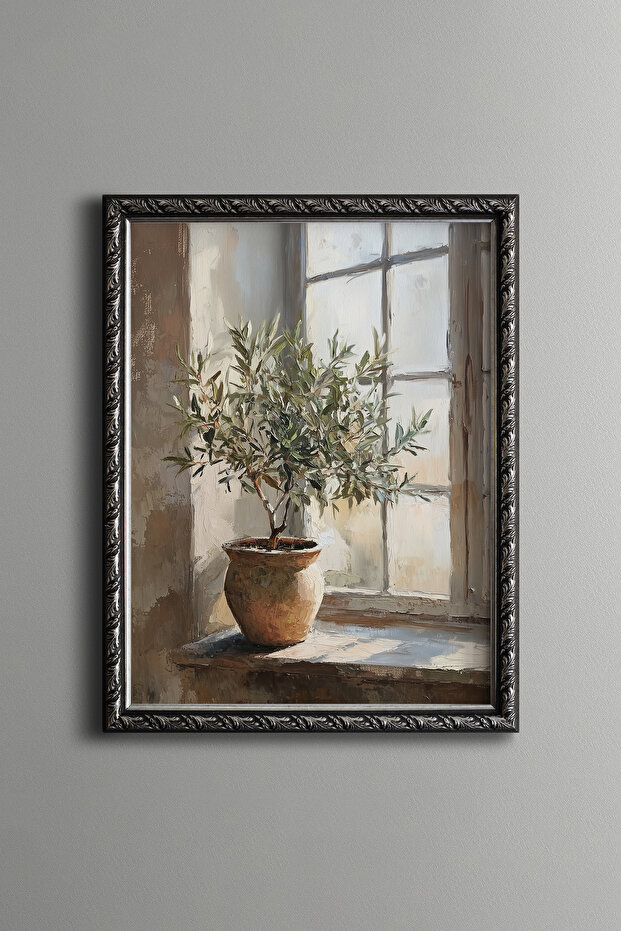 Olive Tree in Front of the Window - Vintage Patterned Frame - Slim Model