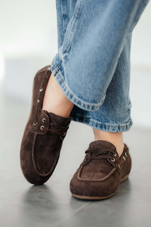 Gox Women's Lace-Up Genuine Suede Leather Loafer Shoes Brown