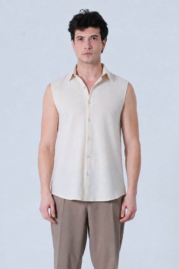Sleeveless Cream Men's Shirt Office and Vacation Combination Oversized Size 100% Cotton