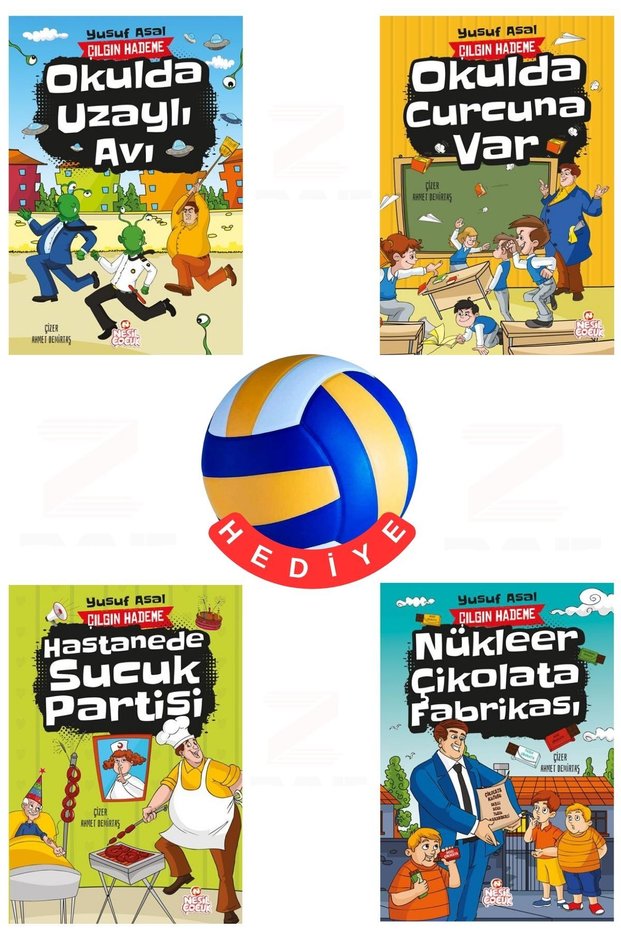 Çılgın Hademe-Okulda Uzaylı Avı-Okulda Curcuna Var-Nükleer Çikolata Fabrikası-Hastanede Sucuk Partisi -4 Book Set-Volleyball Ball with Gift
