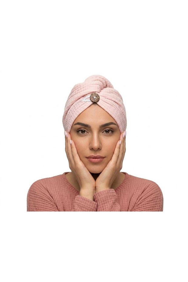 4 Layers Muslin 100% Cotton Pink Color Women's Hair Cap / Hair Drying Towel