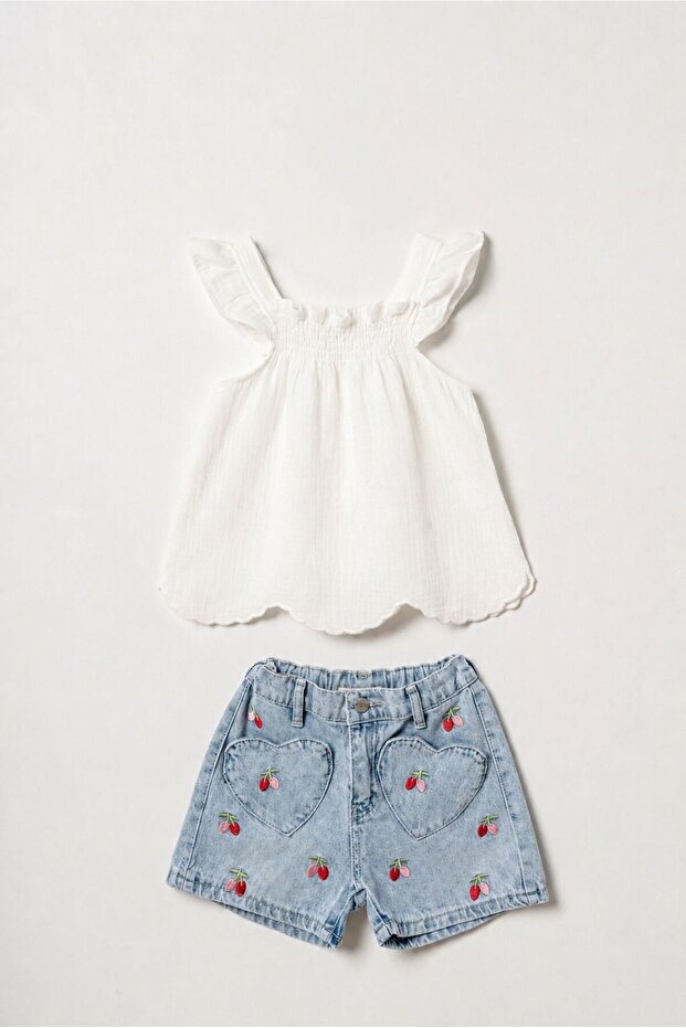 Girl's White Muslin Blouse and Cherry Embroidered Denim Shorts Set