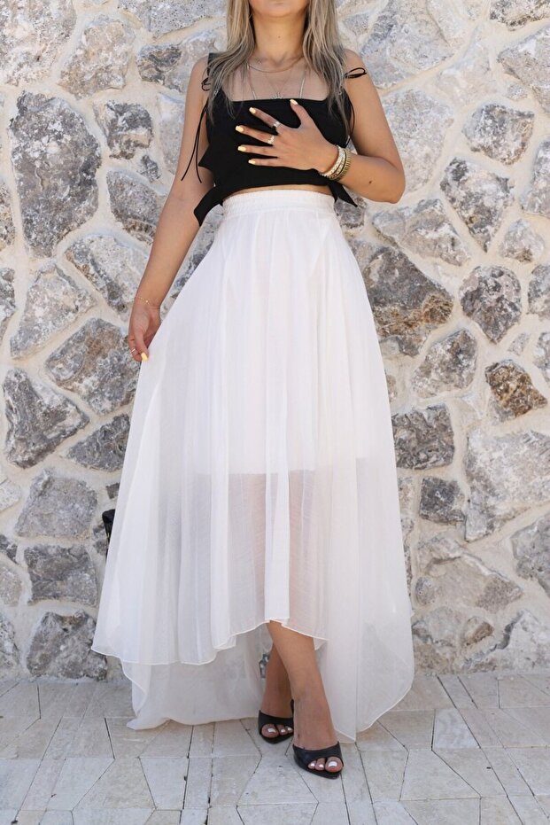 White Asymmetrical Skirt with Elastic Waist