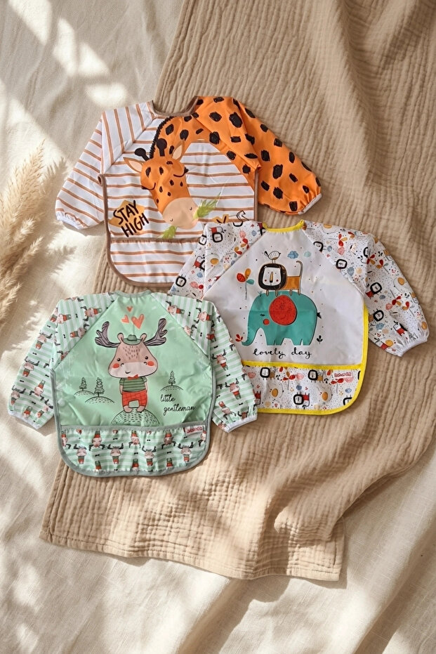 3-Pack Liquid-Proof Long-Sleeved Baby Food Bibs - Blw Compatible, Stain-Proof, with Crumb Pockets for Additional Food