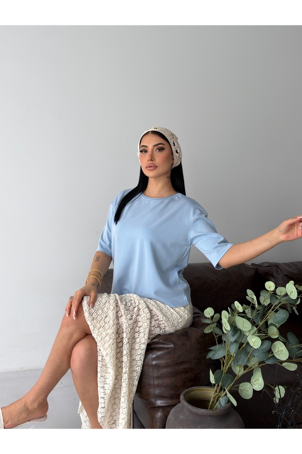 Premium Viscose Sausage Collar Half Sleeve Comfortable Fit Flexible Summer Knitwear Blouse