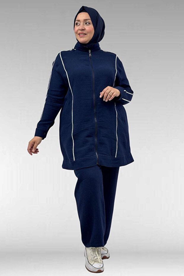 67011 Plus Size Ribbed Muslin Trouser Suit - Navy Blue
