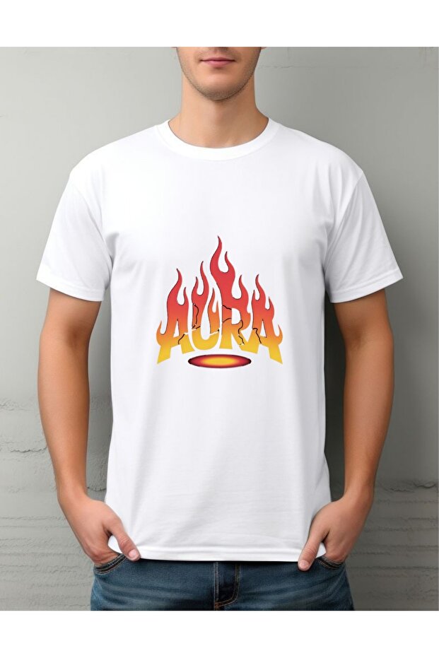 Aura Flame Printed Premium Cotton Unisex T-Shirt Regular Fit Standard Fit Comfortable Cut Crew Neck T-Shirt