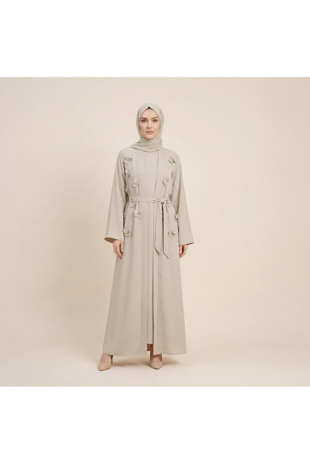 Abaya Rose Floral Dress with Appliqué Belted Long Sleeves 9618-26 - Beige