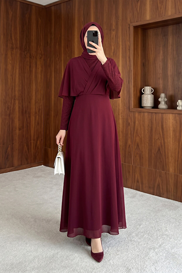 Long Cape Detailed Chiffon Evening Dress - Burgundy