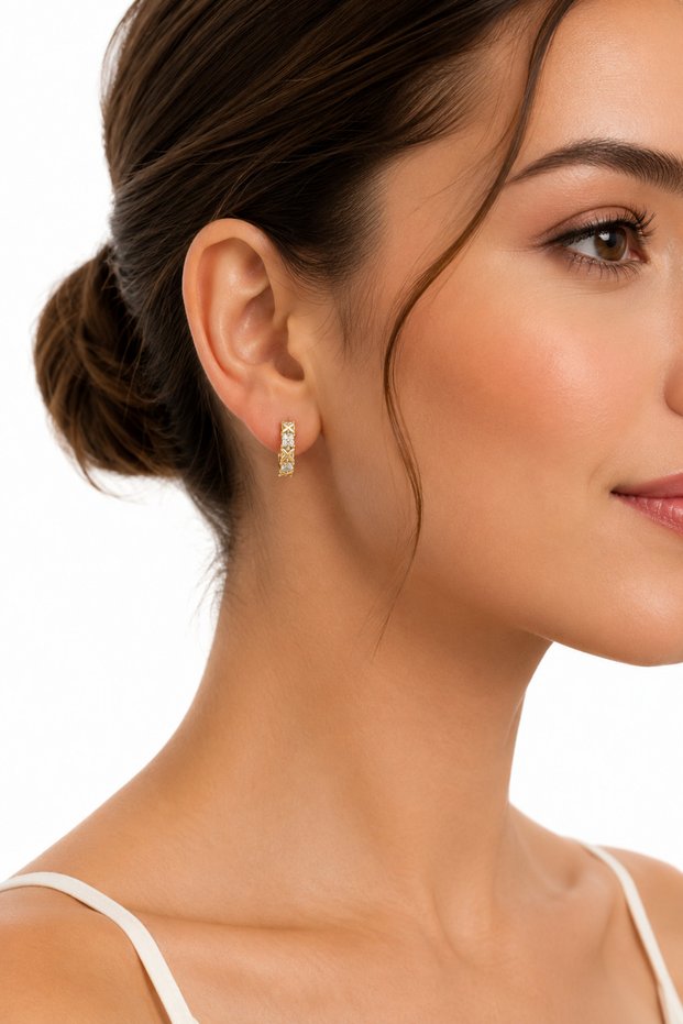 Women's Stone Detailed X Motif Hoop Earrings Gold Color