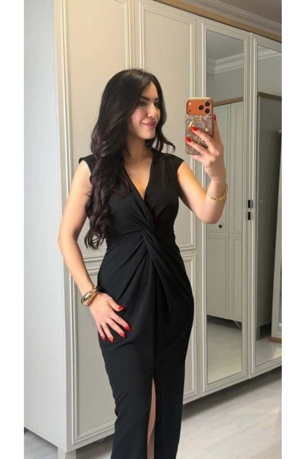 Women's Short Sleeve V-Neck Sandy Midi Dress with Wrap Detail on the Front and Slit