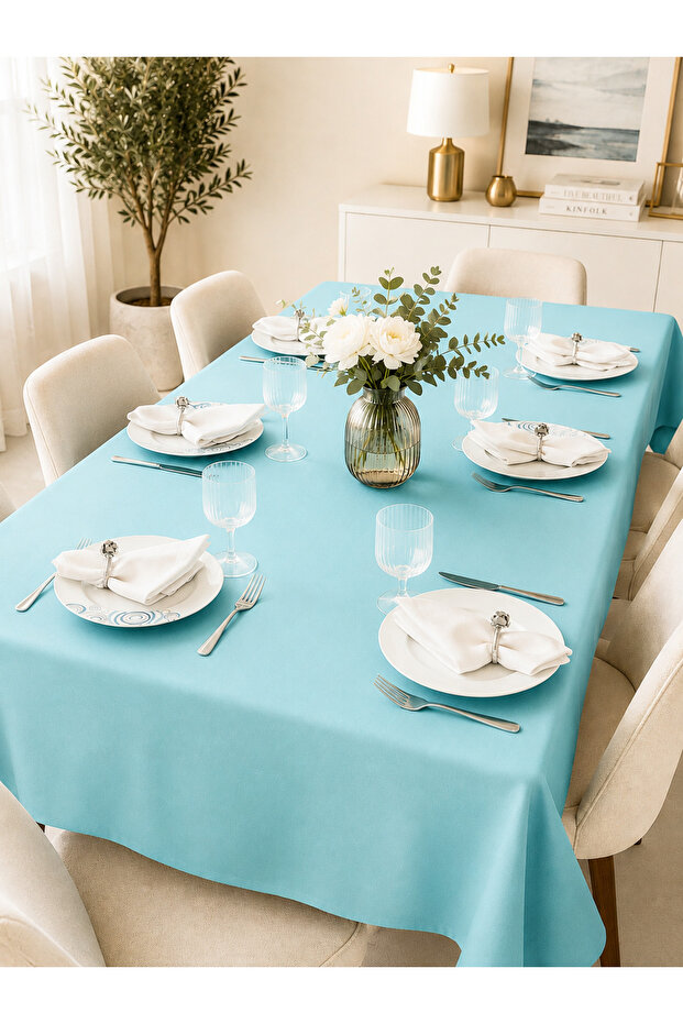 Cyan Linen Tablecloth | Liquid Proof & Stain Resistant | Custom Size Production | Oeko-Tex ® 100