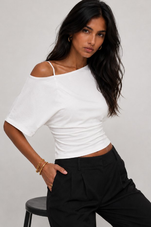 Women's White Asymmetrical Boat Neck Bat Sleeve Cotton Blouse (4798)