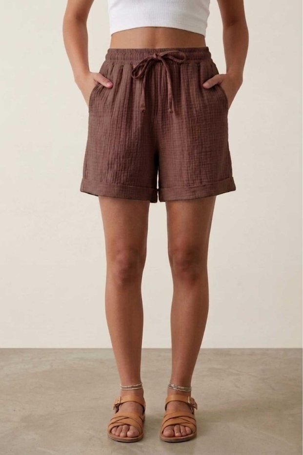 Dark Brown Women's 100% Cotton Muslin Fabric Shorts with Elastic Waist, Double Pockets, Comfortable Cut, Summer Shorts