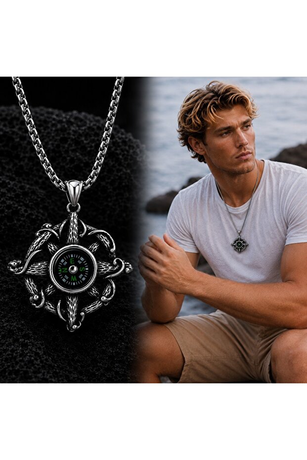 Stainless Steel Works Case Marine and Gothic Style Compass Pendant